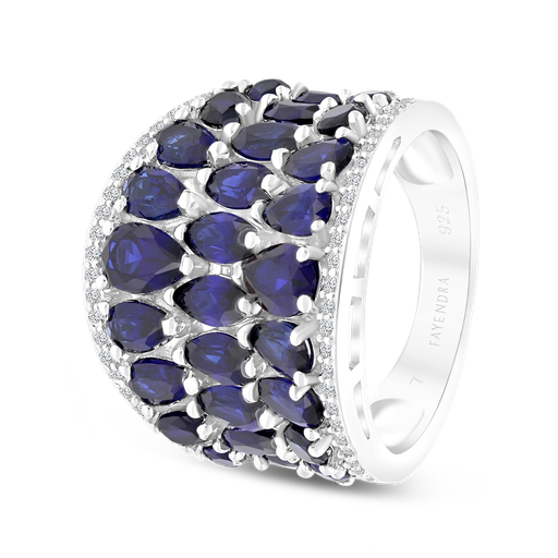 Sterling Silver 925 Ring Rhodium Plated Embedded With Sapphire Corundum