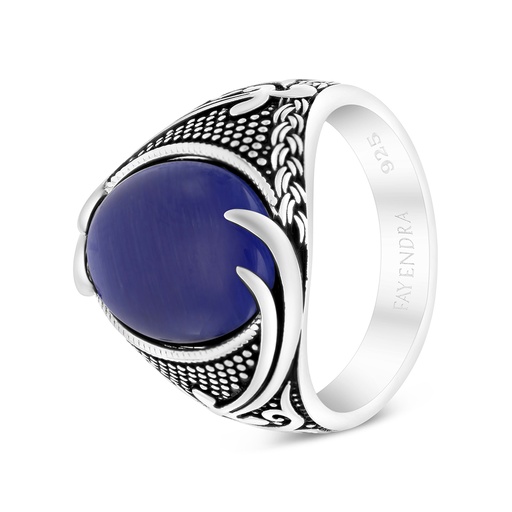 Sterling Silver 925 Ring Rhodium Plated Embedded With Blue Tiger Eye For Men