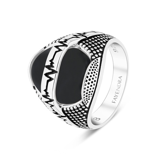 Sterling Silver 925 Ring Rhodium Plated Black Agate For Men