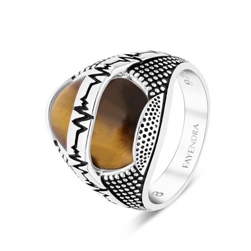 Sterling Silver 925 Ring Rhodium Plated Yellow Tiger Eye For Men