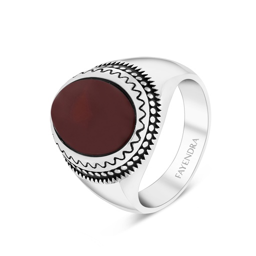 Sterling Silver 925 Ring Rhodium Plated Red Natural Aqiq For Men