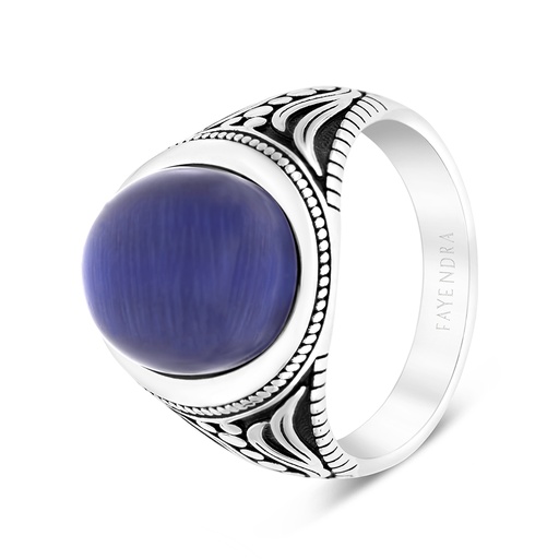 Sterling Silver 925 Ring Rhodium Plated Blue Tiger Eye For Men