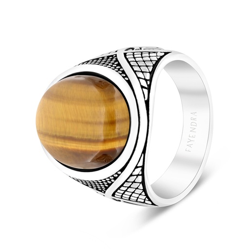 Sterling Silver 925 Ring Rhodium Plated Yellow Tiger Eye For Men