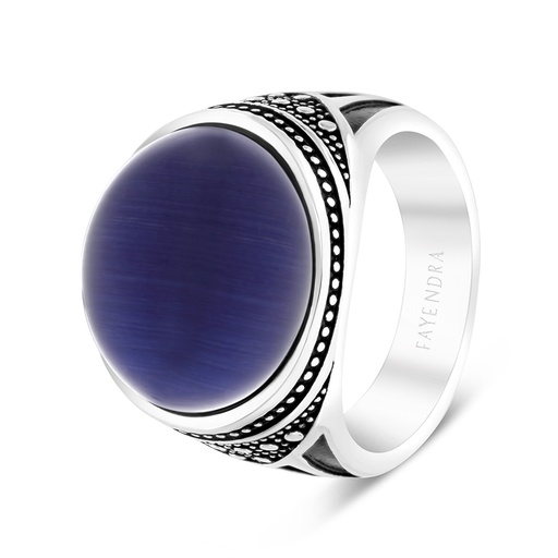 Sterling Silver 925 Ring Rhodium Plated Blue Tiger Eye For Men