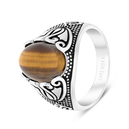 Sterling Silver 925 Ring Rhodium Plated Yellow Tiger Eye For Men