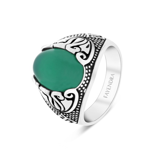 Sterling Silver 925 Ring Rhodium Plated Green Agate For Men