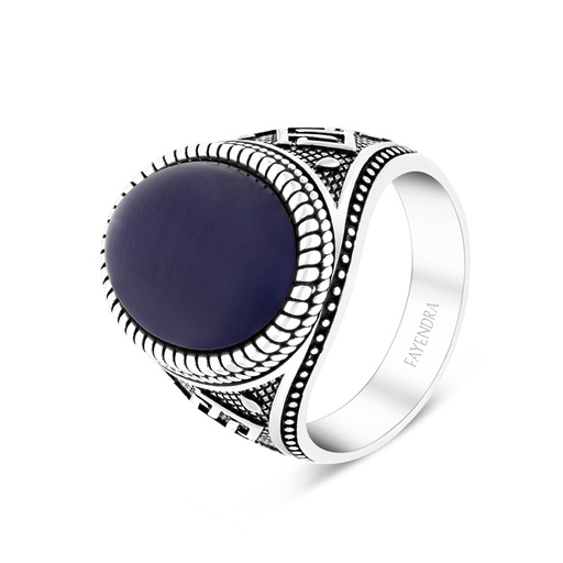 Sterling Silver 925 Ring Rhodium Plated Blue Tiger Eye For Men