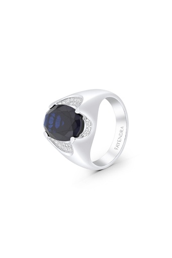 Sterling Silver 925 Ring Rhodium Plated Embedded With Sapphire Corundum For Men And White CZ