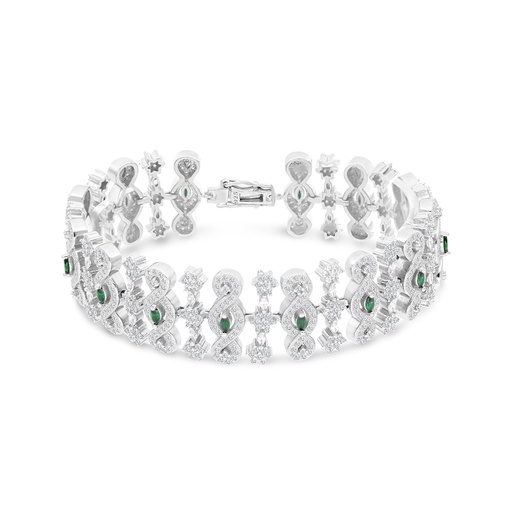 [BRC01EMR00WCZA805] Sterling Silver 925 Bracelet Rhodium Plated Embedded With Emerald And White CZ