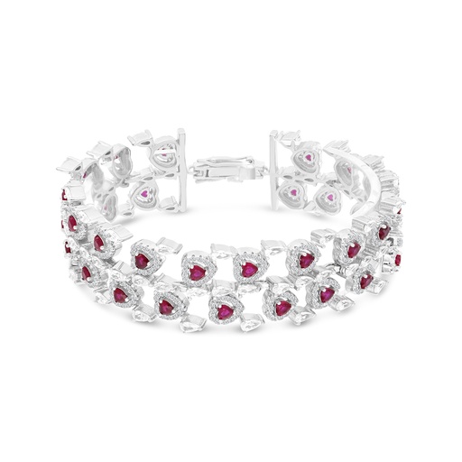 [BRC01RUB00WCZA810] Sterling Silver 925 Bracelet Rhodium Plated Embedded With Ruby Corundum And White CZ