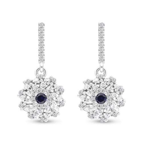 [EAR01SAP00WCZB632] Sterling Silver 925 Earring Rhodium Plated Embedded With Sapphire Corundum And White CZ