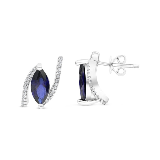 [EAR01SAP00WCZB633] Sterling Silver 925 Earring Rhodium Plated Embedded With Sapphire Corundum And White CZ
