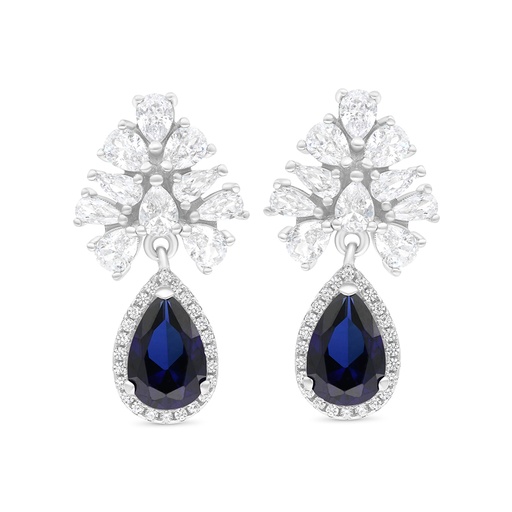 [EAR01SAP00WCZB634] Sterling Silver 925 Earring Rhodium Plated Embedded With Sapphire Corundum And White CZ