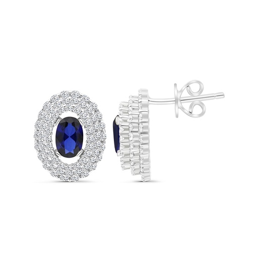 [EAR01SAP00WCZB653] Sterling Silver 925 Earring Rhodium Plated Embedded With Sapphire CorundumAnd White CZ