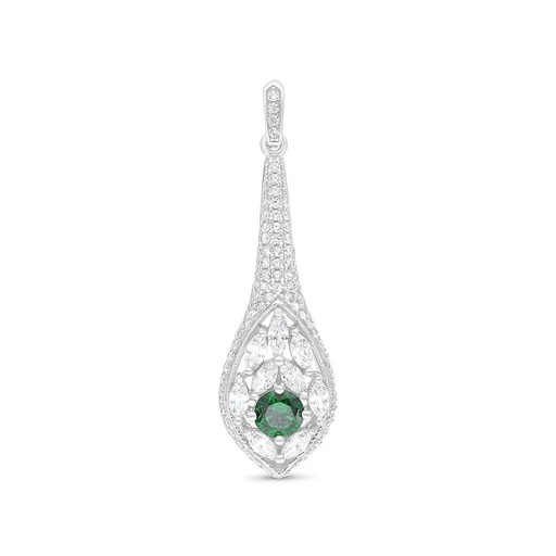 [PND01EMR00WCZA803] Sterling Silver 925 Pendant Rhodium Plated Embedded With Emerald And White CZ