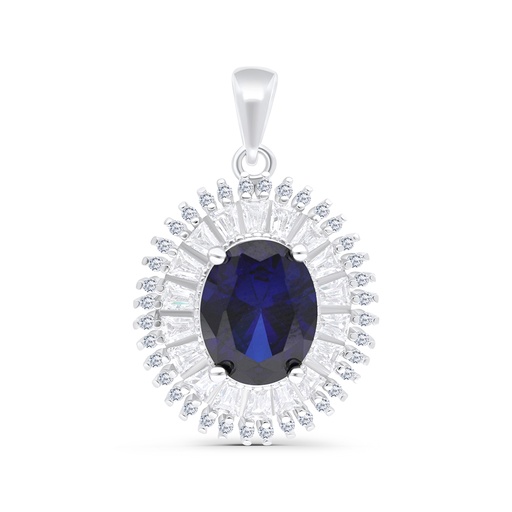 [PND01SAP00WCZA813] Sterling Silver 925 Pendant Rhodium Plated Embedded With Sapphire CorundumAnd White CZ