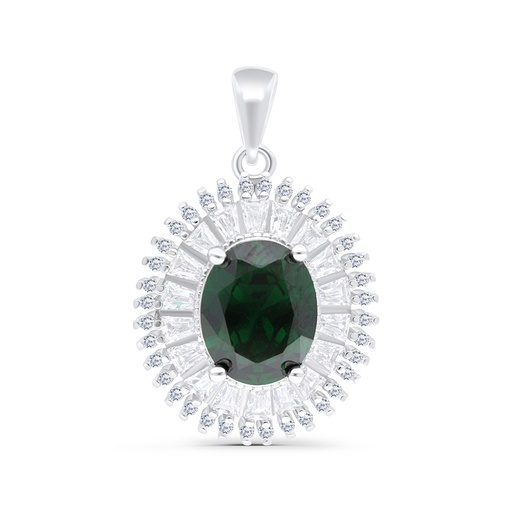 [PND01EMR00WCZA813] Sterling Silver 925 Pendant Rhodium Plated Embedded With Emerald And White CZ