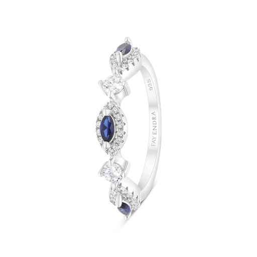 Sterling Silver 925 Ring Rhodium Plated Embedded With Sapphire Corundum And White CZ