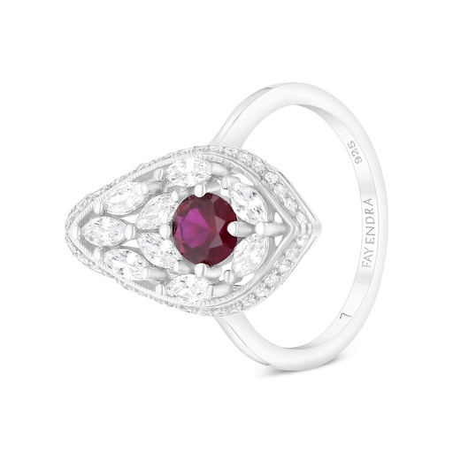 Sterling Silver 925 Ring Rhodium Plated Embedded With Ruby Corundum And White CZ