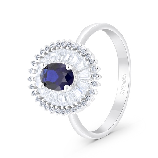 Sterling Silver 925 Ring Rhodium Plated Embedded With Sapphire CorundumAnd White CZ