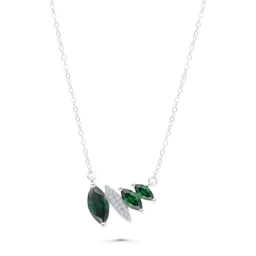 [NCL01EMR00WCZA542] Sterling Silver 925 Necklace Rhodium Plated Embedded With Emerald And White CZ