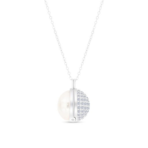 [NCL01PRL00WCZA592] Sterling Silver 925 Necklace Rhodium Plated With white shell And White CZ