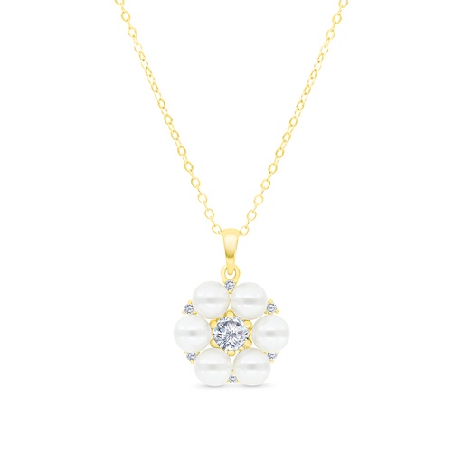 [NCL02PRL00WCZA620] Sterling Silver 925 Necklace Gold Plated Embedded With White Shell Pearl And White CZ