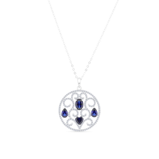 [NCL01SAP00WCZA630] Sterling Silver 925 Necklace Rhodium Plated Embedded With Sapphire CorundumAnd White CZ