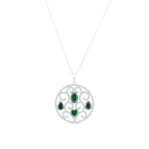[NCL01EMR00WCZA630] Sterling Silver 925 Necklace Rhodium Plated Embedded With Emerald And White CZ