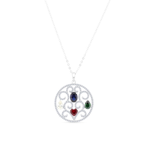 [NCL01MLS00WCZA630] Sterling Silver 925 Necklace Rhodium Plated Embedded With Sapphire Corundum , Ruby Corundum , Emerald Zircon And White CZ
