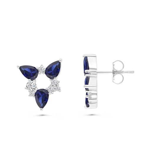 [EAR01SAP00WCZB440] Sterling Silver 925 Earring Rhodium Plated Embedded With Sapphire CorundumAnd White CZ