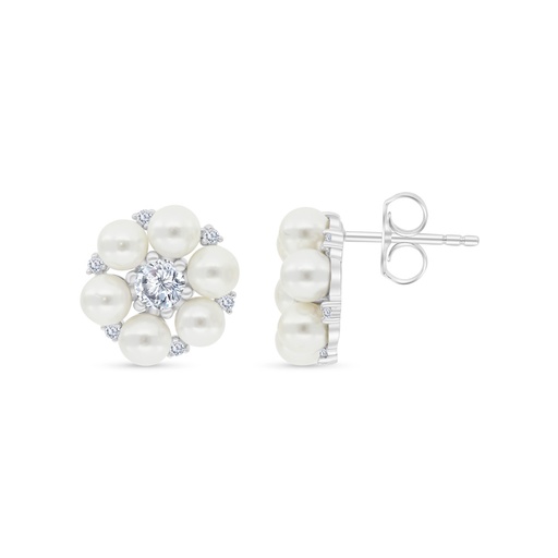 [EAR01PRL00WCZB498] Sterling Silver 925 Earring Rhodium Plated shell White Pearl And White CZ