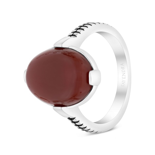 Sterling Silver 925 Ring Rhodium Plated Embedded With Red Natural Aqiq For Men