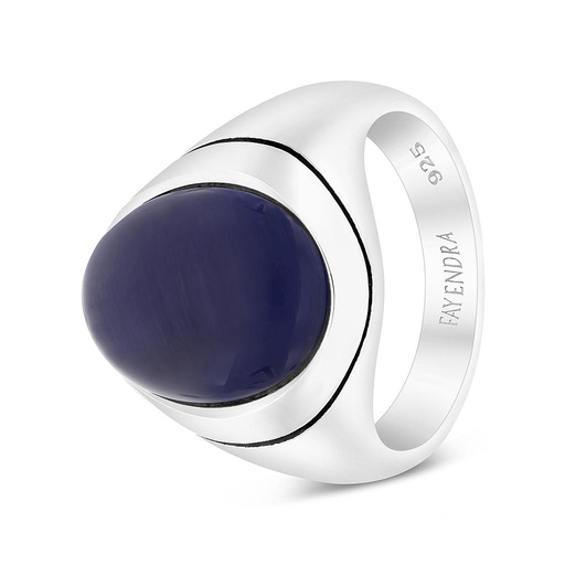 Sterling Silver 925 Ring Rhodium Plated Blue Tiger Eye For Men