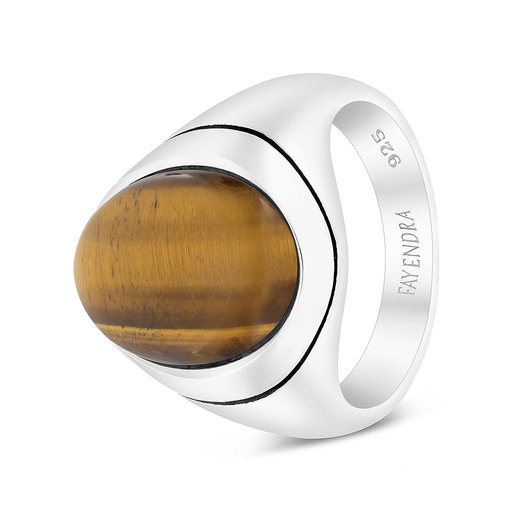 Sterling Silver 925 Ring Rhodium Plated Yellow Tiger Eye For Men