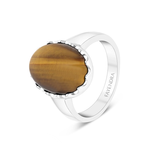 Sterling Silver 925 Ring Rhodium Plated Yellow Tiger Eye For Men