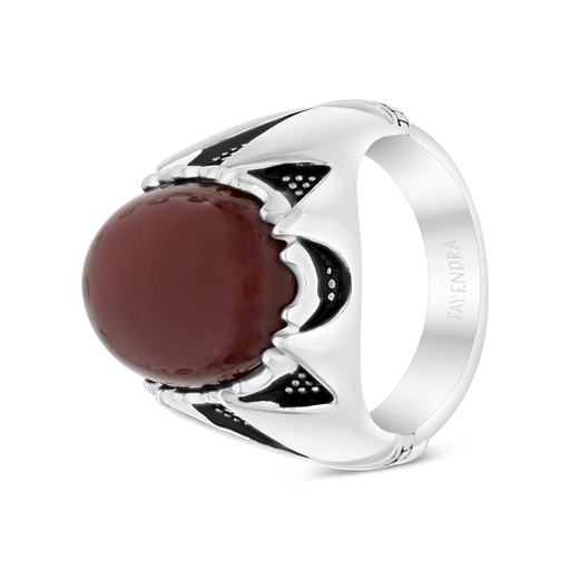 Sterling Silver 925 Ring Rhodium Plated Embedded With Red Natural Aqiq For Men 