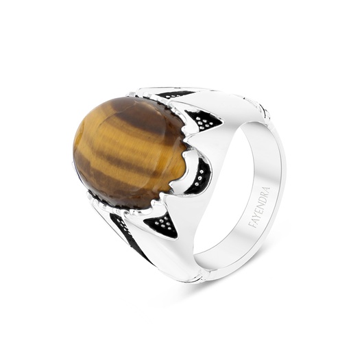 Sterling Silver 925 Ring Rhodium Plated Embedded With Yellow Tiger Eye For Men