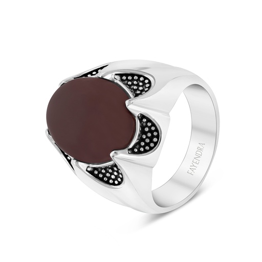 Sterling Silver 925 Ring Rhodium Plated Embedded With Red Natural Aqiq For Men 