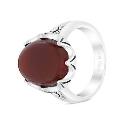 Sterling Silver 925 Ring Rhodium Plated Embedded With Red Natural Aqiq For Men