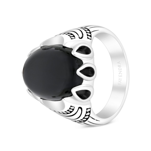 Sterling Silver 925 Ring Rhodium Plated Embedded With Black Agate For Men