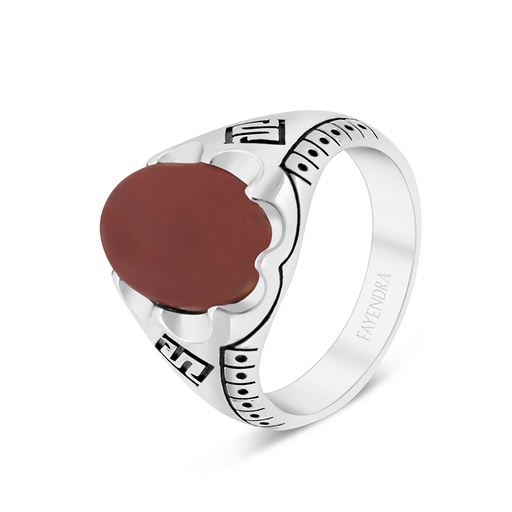 Sterling Silver 925 Ring Rhodium Plated Embedded With Red Natural Aqiq For Men