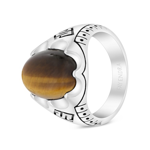 Sterling Silver 925 Ring Rhodium Plated Embedded With Yellow Tiger Eye For Men 