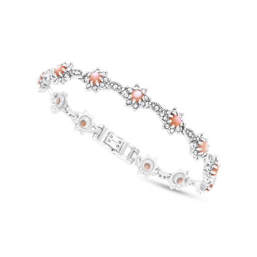 [BRC04MAR00PNKA109] Sterling Silver 925 Bracelet  Embedded With Natural Pink Shell And Marcasite Stones