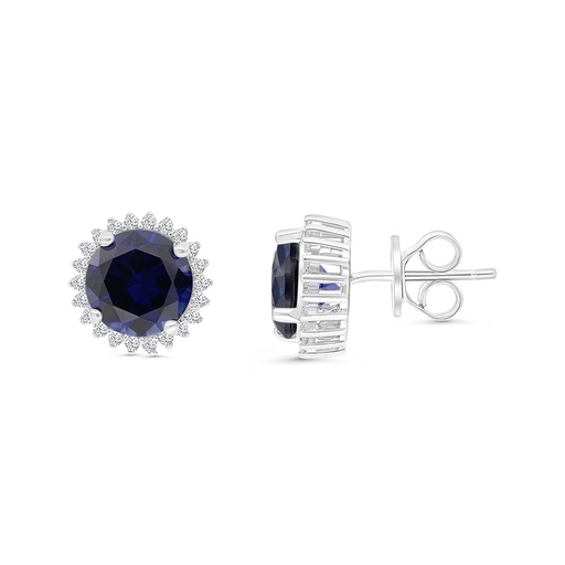 [EAR01SAP00WCZB697] Sterling Silver 925 Earring Rhodium Plated Embedded With Sapphire Corundum And White CZ