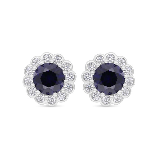 [EAR01SAP00WCZB698] Sterling Silver 925 Earring Rhodium Plated Embedded With Sapphire Corundum And White CZ