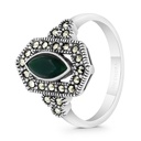 Sterling Silver 925 Ring Embedded With Natural Green Agate And Marcasite Stones