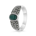 Sterling Silver 925 Ring Embedded With Natural Green Agate And Marcasite Stones