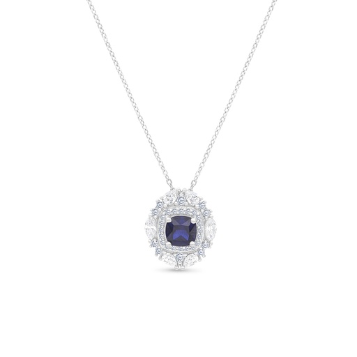 [NCL01SAP00WCZA778] Sterling Silver 925 Necklace Rhodium Plated Embedded With Sapphire Corundum And White CZ
