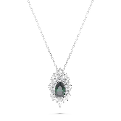 [NCL01EMR00WCZA779] Sterling Silver 925 Necklace Rhodium Plated Embedded With Emerald Zircon And White CZ